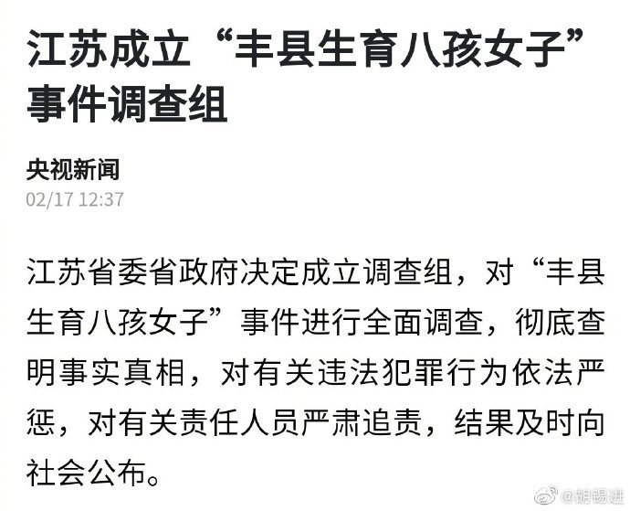 胡锡进:期待江苏调查组不负众望,用可信结论给八孩妈事件画上句号